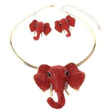 Rhinestone elephant w/ long trunk necklace set