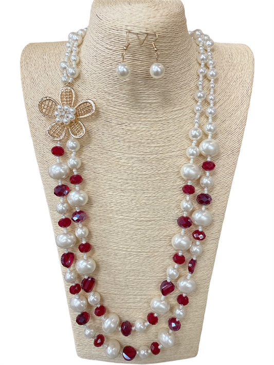 PEARL RED BEADED FLOWER SET NECKLACE