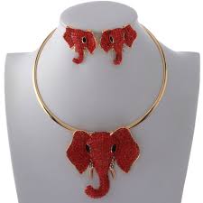 Rhinestone elephant w/ long trunk necklace set
