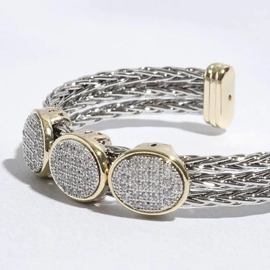 Triple Oval Pave CZ Two Tone Bracelet Cuff Bangle